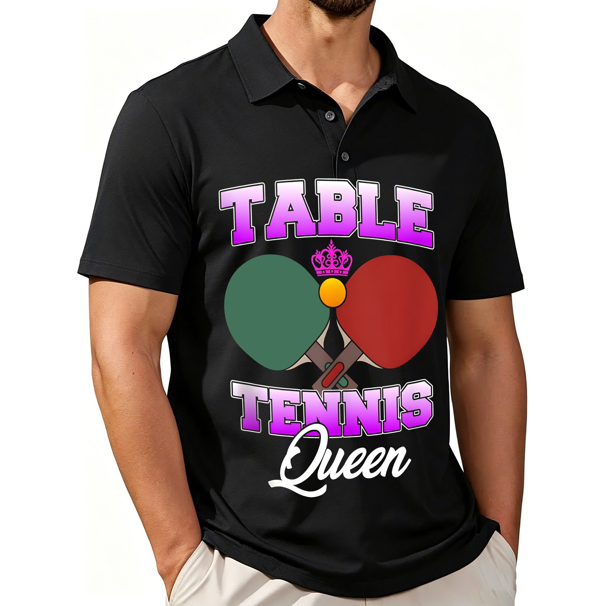 Table Tennis Queen - 卓球の女王プリントメンズ半袖ポロシャツ、スタイリッシュでカジュアルなスタイル、通気性のある生地、オールシーズンに適しています。